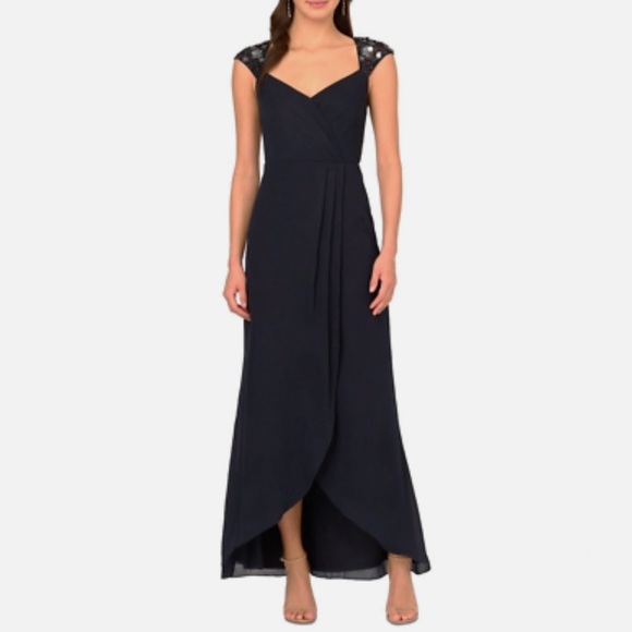 Adrianna Papell Women's Bead Yoke Chiffon Dress in Midnight (Blue), size 12 - Picture 1 of 15